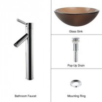 Glass Vessel Sink in Frosted Brown with Single Hole 1-Handle High-Arc Sheven Faucet in Chrome
