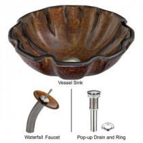 Glass Vessel Sink in Walnut Shell with Waterfall Faucet Set in Brushed Nickel