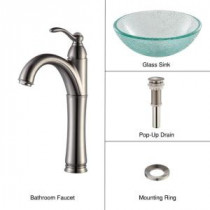 Glass Vessel Sink in Broken with Single Hole 1-Handle High Arc Riviera Faucet in Satin Nickel