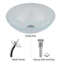 Glass Vessel Sink in White Frost with Waterfall Faucet Set in Chrome