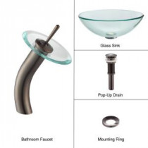 Glass Bathroom Sink in Clear with Waterfall Faucet in Oil Rubbed Bronze
