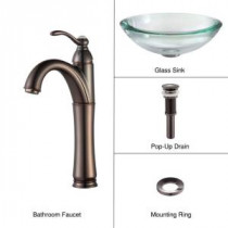 34 mm Edge Glass Vessel Sink in Clear with Single Hole 1-Handle High Arc Riviera Faucet in Oil Rubbed Bronze