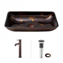 Rectangular Glass Vessel Sink in Brown and Gold Fusion with Faucet in Oil Rubbed Bronze