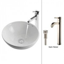 Vessel Sink in White with Ramus Faucet in Satin Nickel