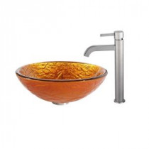 Blaze Glass Vessel Sink in Multicolor and Ramus Faucet in Satin Nickel