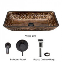 Rectangular Glass Vessel Sink in Golden Greek with Wall-Mount Faucet Set in Antique Rubbed Bronze