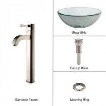 Glass Vessel Sink in Clear with Single Hole 1-Handle High-Arc Ramus Faucet in Satin Nickel