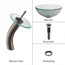 Glass Bathroom Sink in Clear with Single Hole 1-Handle Low-Arc Waterfall Faucet in Oil Rubbed Bronze