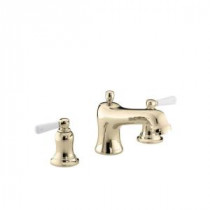 Bancroft Deck-Mount Bath Faucet Trim with White Ceramic Lever Handles in Vibrant French Gold (Valve Not Included)