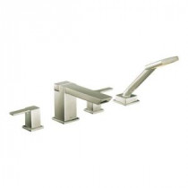 90-Degree 2-Handle Deck-Mount High-Arc Roman Tub Faucet with Hand Shower in Brushed Nickel (Valve Sold Separately)