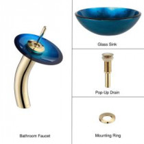 Glass Bathroom Sink in Irruption Blue with Single Hole 1-Handle Low Arc Waterfall Faucet in Gold