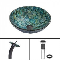 Glass Vessel Sink in Oceania and Waterfall Faucet Set in Matte Black