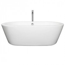 Mermaid 5.92 ft. Center Drain Soaking Tub in White with Floor Mounted Faucet in Brushed Nickel
