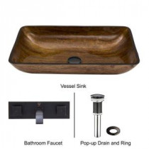 Rectangular Glass Vessel Sink in Amber Sunset with Wall-Mount Faucet Set in Antique Rubbed Bronze