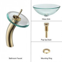 Glass Bathroom Sink in Clear with Waterfall Faucet in Gold