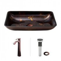 Rectangular Glass Vessel Sink in Brown and Gold Fusion with Faucet Set in Oil Rubbed Bronze