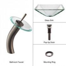 Glass Bathroom Sink in Clear Aquamarine with Single Hole 1-Handle Low Arc Waterfall Faucet in Oil Rubbed Bronze