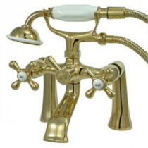 Victorian 3-Handle Deck-Mount Claw Foot Tub Faucet with Hand Shower in Polished Brass