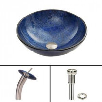 Glass Vessel Sink in Indigo Eclipse with Waterfall Faucet Set in Brushed Nickel