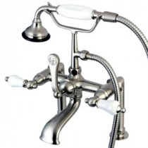 Porcelain Lever 3-Handle Deck-Mount High-Risers Claw Foot Tub Faucet with Hand Shower in Satin Nickel