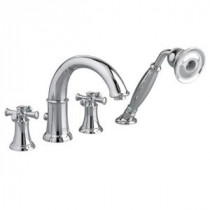 Portsmouth Cross 2-Handle Deck-Mount Roman Tub Faucet with Handshower in Polished Chrome
