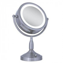 Lighted 8X/1X Round Vanity Mirror in Satin Nickel