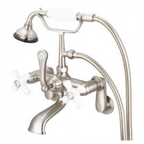 3-Handle Vintage Claw Foot Tub Faucet with Porcelain Cross Handles and Hand Shower in Brushed Nickel