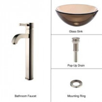 Glass Vessel Sink in Clear Brown with Single Hole 1-Handle High-Arc Ramus Faucet in Satin Nickel