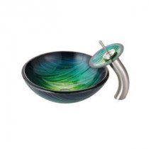 Nei Glass Vessel Sink in Multicolor and Waterfall Faucet in Satin Nickel