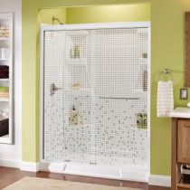 Simplicity 60 in. x 70 in. Semi-Frameless Sliding Shower Door in White with Nickel Handle and Mozaic Glass
