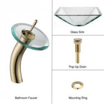 Glass Bathroom Sink in Clear Aquamarine with Single Hole 1-Handle Low Arc Waterfall Faucet in Gold
