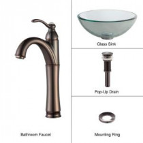 Glass Vessel Sink in Clear with Single Hole 1-Handle High-Arc Riviera Faucet in Oil Rubbed Bronze