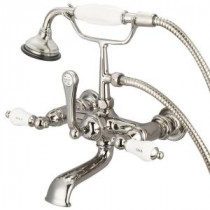3-Handle Claw Foot Tub Faucet with Labeled Porcelain Lever Handles and Hand Shower in Polished Nickel PVD
