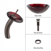 Glass Bathroom Sink in Irruption Red with Single Hole 1-Handle Low Arc Waterfall Faucet in Oil Rubbed Bronze