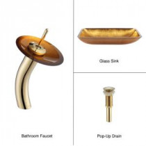 Rectangular Glass Bathroom Sink in Golden Pearl with Single Hole 1-Handle Low Arc Waterfall Faucet in Gold