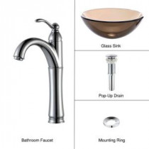 Glass Vessel Sink in Clear Brown with Single Hole 1-Handle High-Arc Riviera Faucet in Chrome