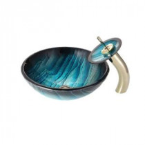 Ladon Glass Vessel Sink in Multicolor and Waterfall Faucet in Gold