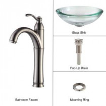 34 mm Edge Glass Vessel Sink in Clear with Single Hole 1-Handle High Arc Riviera Faucet in Satin Nickel