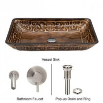 Rectangular Glass Vessel Sink in Golden Greek with Wall-Mount Faucet Set in Brushed Nickel