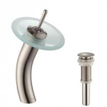 Single Hole 1-Handle Low-Arc Vessel Glass Waterfall Faucet in Satin Nickel with Glass Disk in Frosted