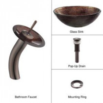 Glass Bathroom Sink in Copper Illusion with Single Hole 1-Handle Low Arc Waterfall Faucet in Oil Rubbed Bronze