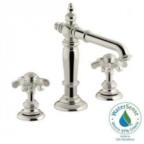 Artifacts 8 in. Widespread 2-Handle Column Design Bathroom Faucet in Vibrant Polished Nickel with Prong Handles