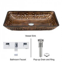 Rectangular Glass Vessel Sink in Golden Greek with Wall-Mount Faucet Set in Chrome