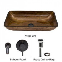Rectangular Glass Vessel Sink in Amber Sunset with Wall-Mount Faucet Set in Antique Rubbed Bronze