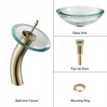 34 mm Edge Glass Bathroom Sink in Clear with Single Hole 1-Handle Low Arc Waterfall Faucet in Gold