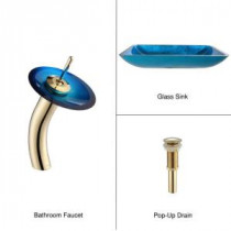Rectangular Glass Bathroom Sink in Irruption Blue with Single Hole 1-Handle Low Arc Waterfall Faucet in Gold