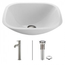 Square Shaped Phoenix Stone Glass Vessel Sink in White with Faucet in Brushed Nickel