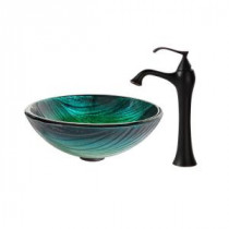 Nei Glass Vessel Sink in Multicolor and Ventus Faucet in Oil Rubbed Bronze