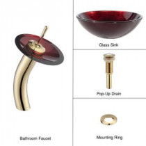 Glass Bathroom Sink in Irruption Red with Single Hole 1-Handle Low Arc Waterfall Faucet in Gold