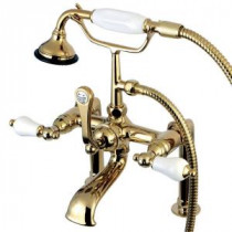 Porcelain Lever 3-Handle Deck-Mount High-Risers Claw Foot Tub Faucet with Hand Shower in Polished Brass